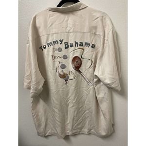 Tommy Bahama Golf Silk Shirt Embroidered Tan Short Sleeve “I’ll Drive You Fly” M